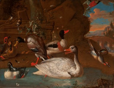 A Norwegian White Goose surrounded by a Shelduck, Mallard, Shovelers, Teals and Long-Tailed Tits in an Italianate Landscape at Twilight, 1703 by Adriaen van Oolen